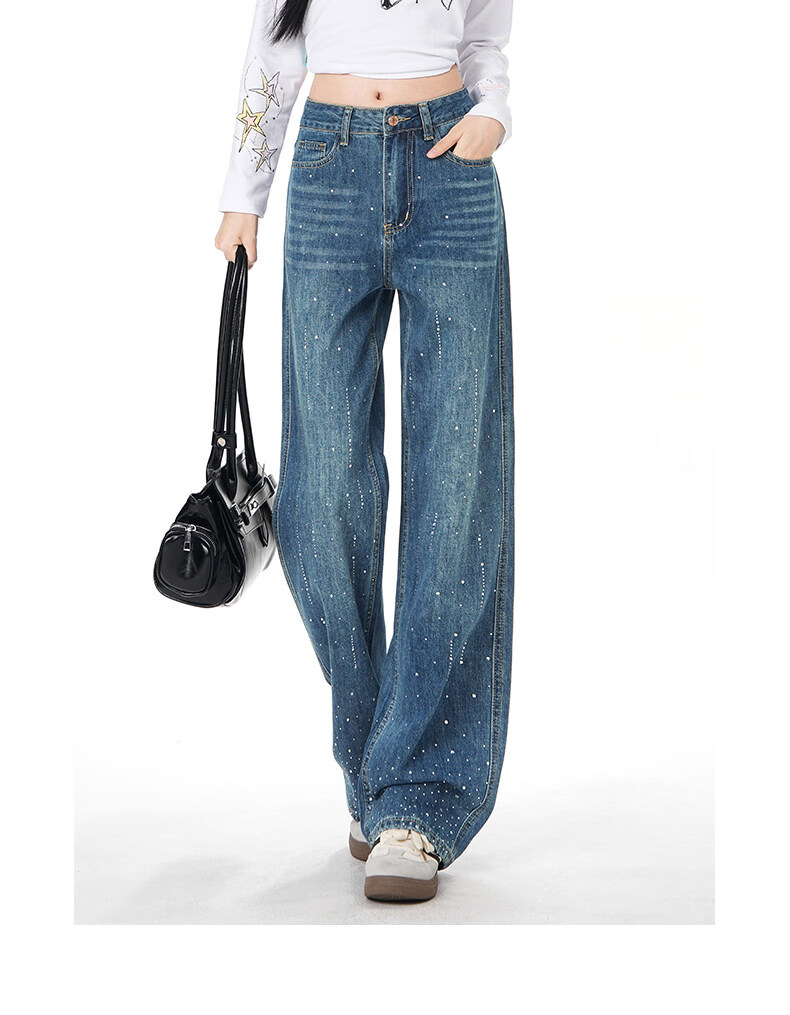 :CHOCOOLATE Women's Vintage American Style Rhinestone Washed Straight Leg Wide Leg Jeans Summer New Retro Blue XS 12