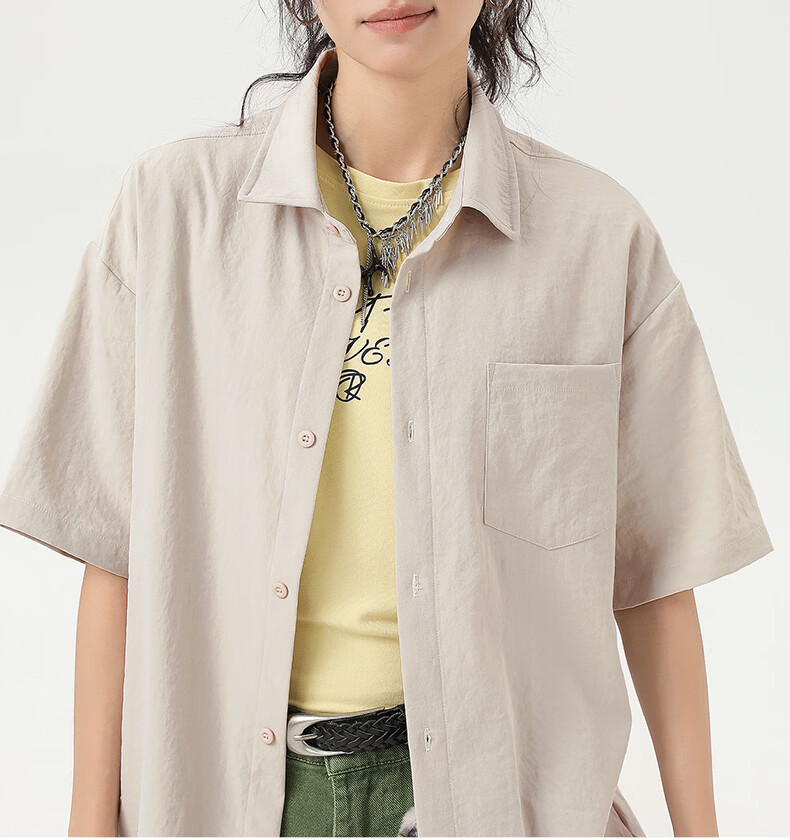 Mark Fairwhale Men's Ice Silk Shirt Solid Color Versatile Summer New Ice Feeling Short Sleeve Polo Shirt Light Beige M 28