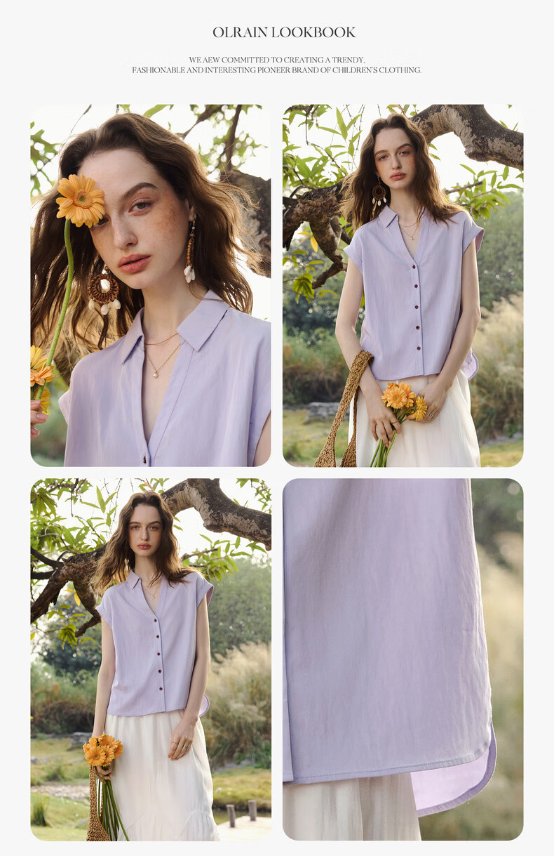 Olrain Lazy Design Short Sleeve Shirt Women's Summer New Elegant Cardigan Top Purple M 12