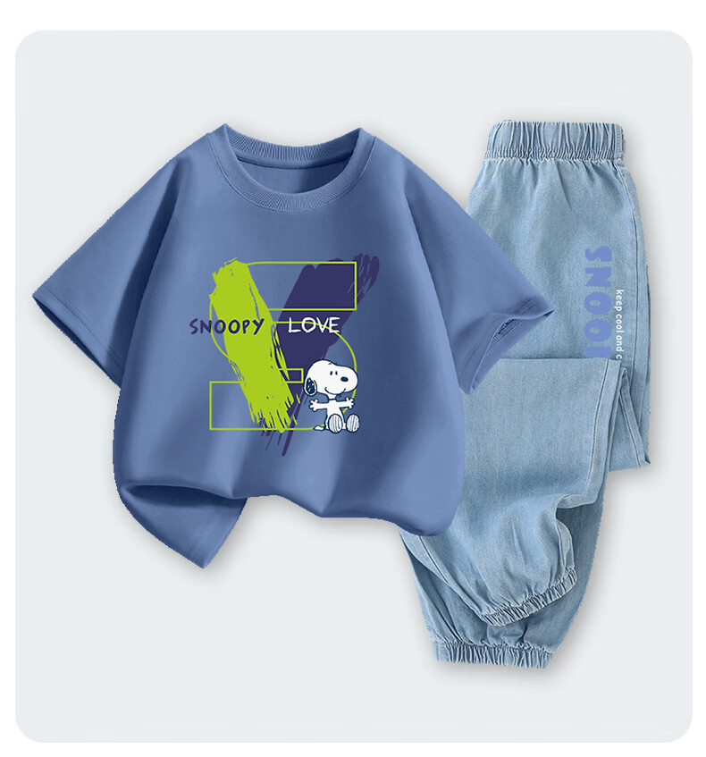 SNOOPY Boys Short Sleeve Set Children's Cotton Tencel Denim 2-Piece Set Fishing White T-Shirt + Crown Dark Blue Pants Size 120 10