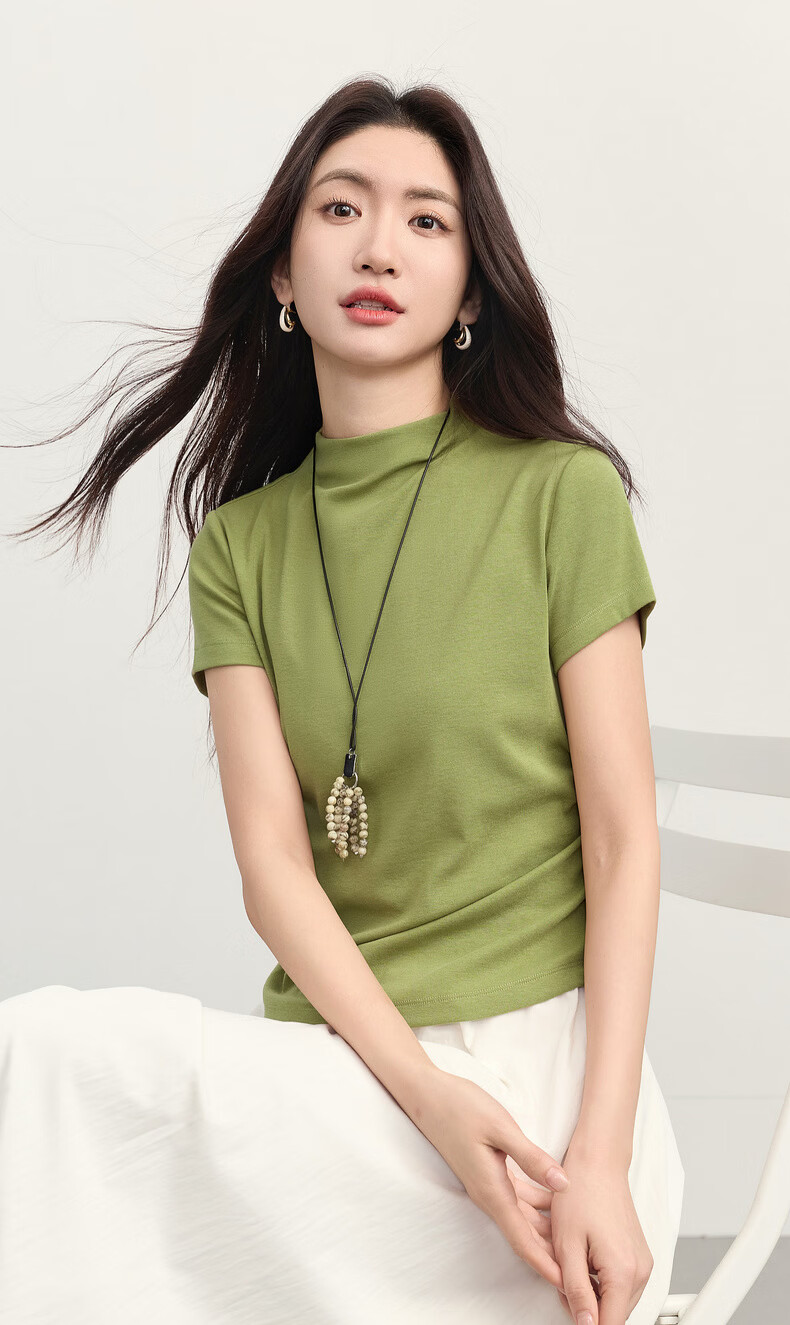 Sllsky Tencel Cotton Slim Fit T-Shirt Women Summer Waist Slimming Half High Neck Short Sleeve Top Midnight Black L 2