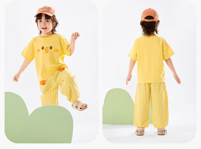 Dudu Kids Summer Set Loose Boys Short Sleeve T-Shirt Girls Casual Pants Baby Two-Piece Set Yellow-Green 120 7