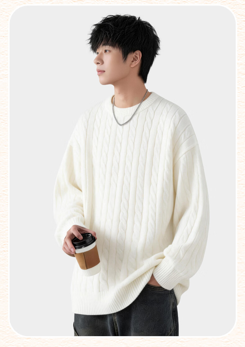 MINISO Men's Round Neck Cable Knit Sweater Autumn Winter Warm Anti-Cold Casual Couple Pullover Black 3XL 20