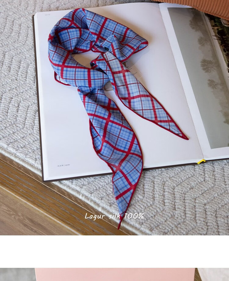 Lagur Tranquil Blue Plaid 100% Mulberry Silk Scarf Long Triangle Diamond Vintage Headband for Women Tranquil Blue 22