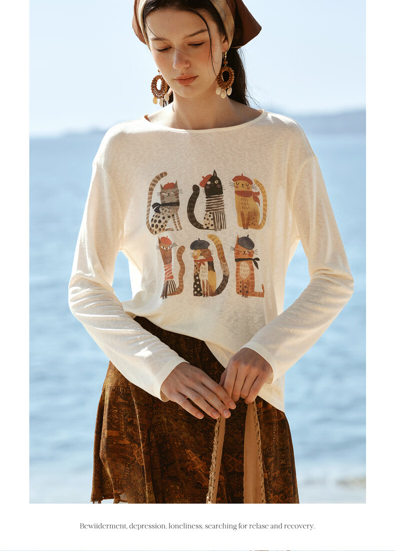 Olrain Tencel Casual Cat Print Long Sleeve T-Shirt Women Summer Large Round Neck Drop Shoulder Top Apricot L 16
