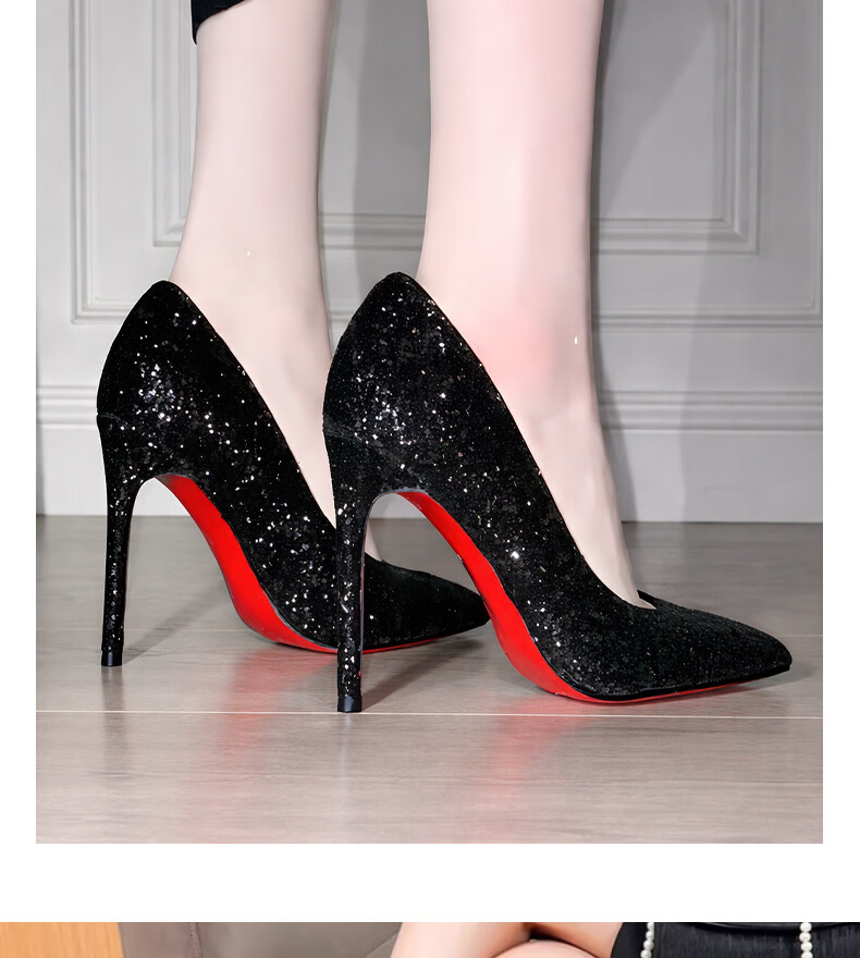 FOOTOPPO Women's Fashion Sexy Black Red Sole High Heels Flirty Elegant Stiletto Large Size 21