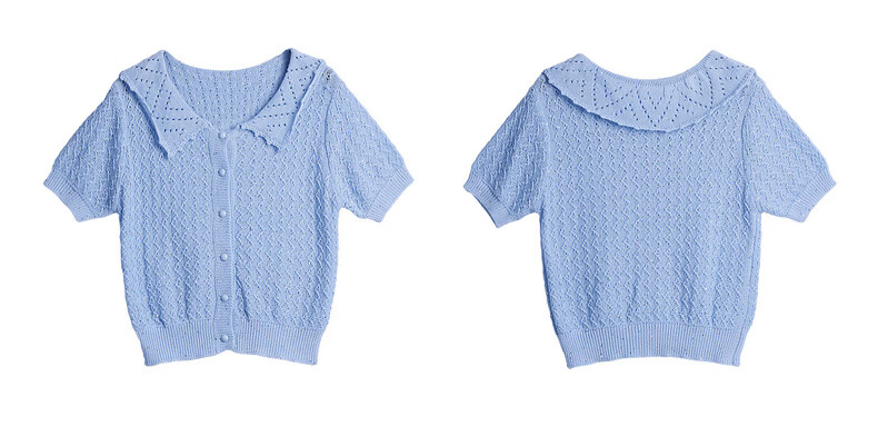 Olrain French Style New Summer Hollow Out Lapel Elegant Short Sleeve Knit Cardigan Top for Women Blue L 7