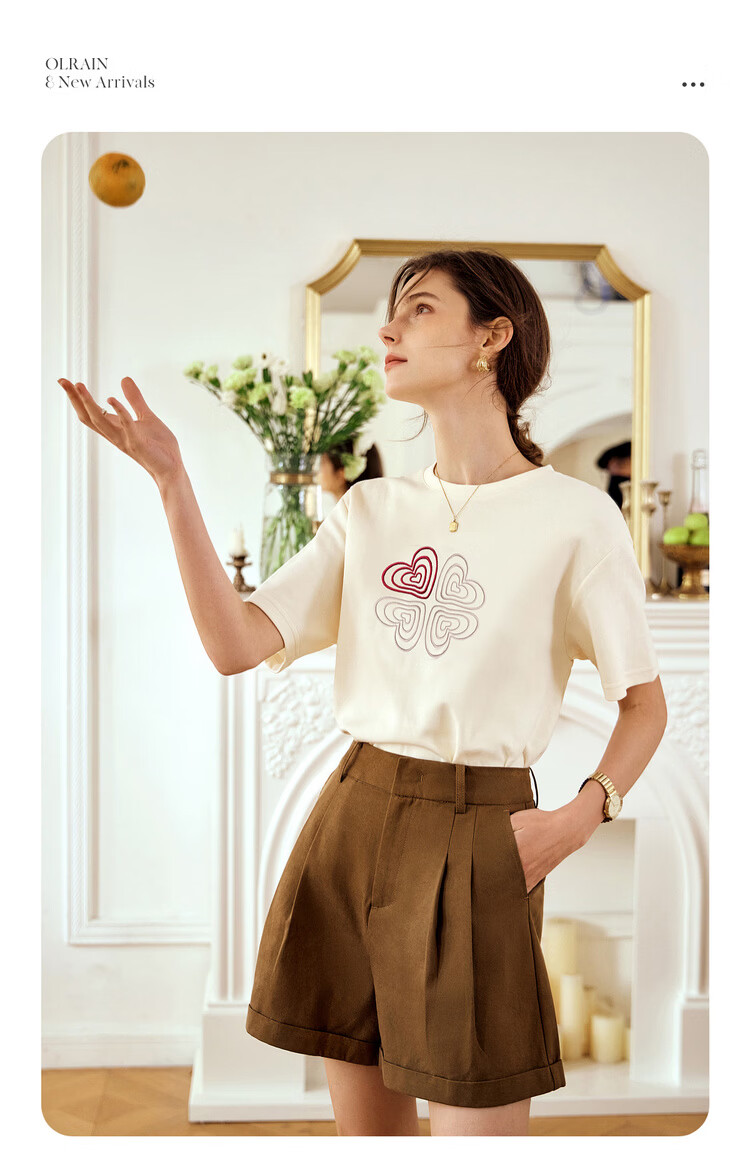 Olrain French Style Short Sleeve T-Shirt Women Summer Heart Embroidery Simple Round Neck Loose Top Apricot L 7