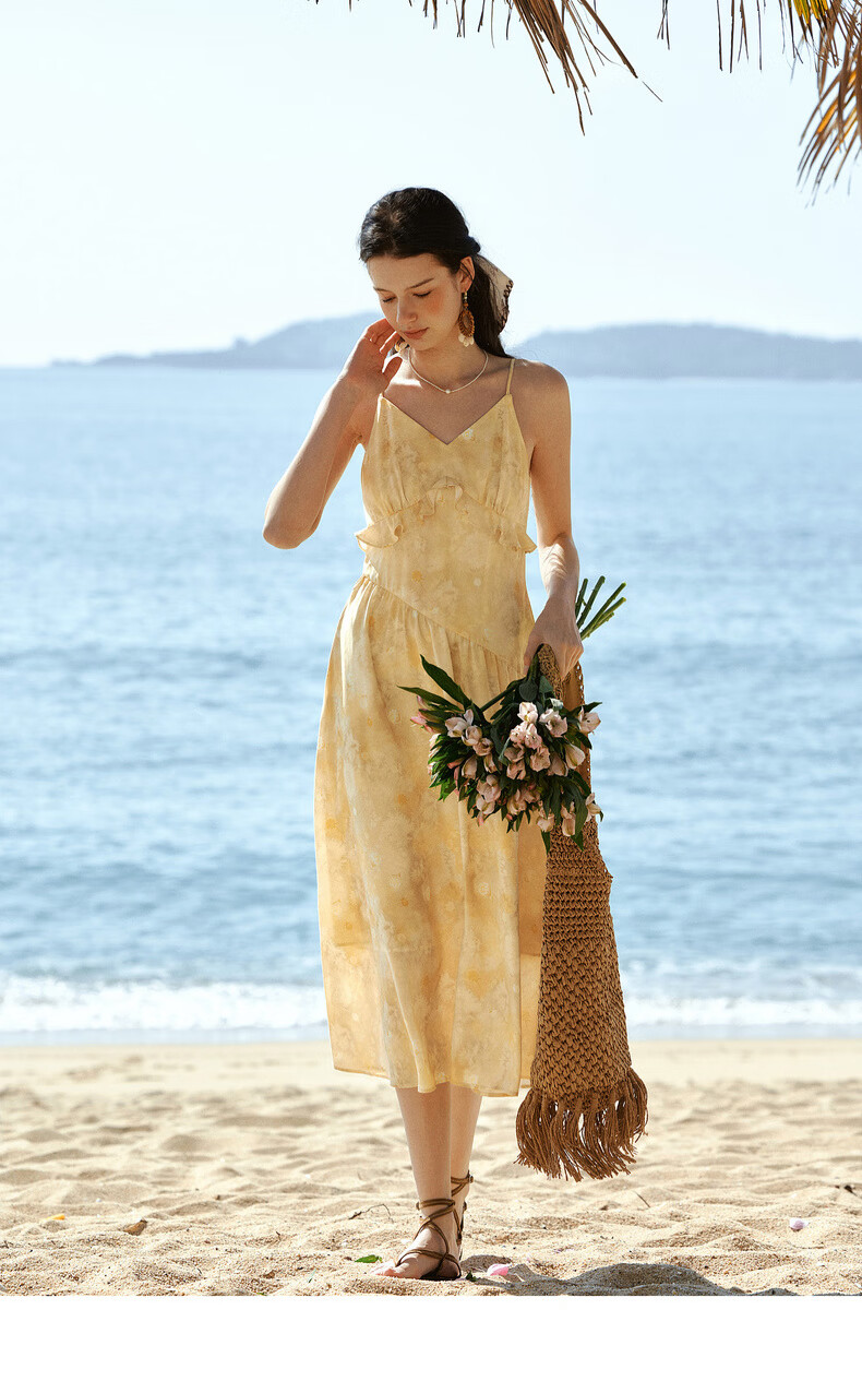 Olrain New Summer Yellow French Vacation Style Ruffle Tie-Dye Print Spaghetti Strap Dress Yellow XL 15