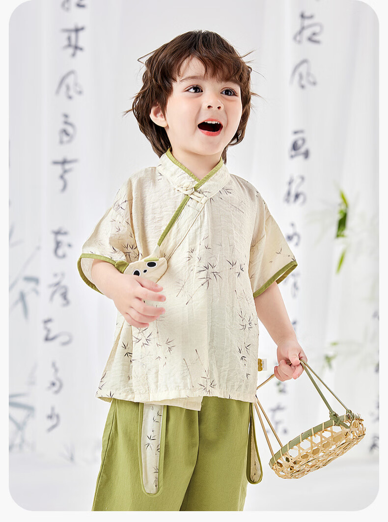 Dudu Baby New Chinese Style Summer Set Children's National Style Two-Piece Boys Short Sleeve Girls Shorts Summer Outfit Pink 90cm 20
