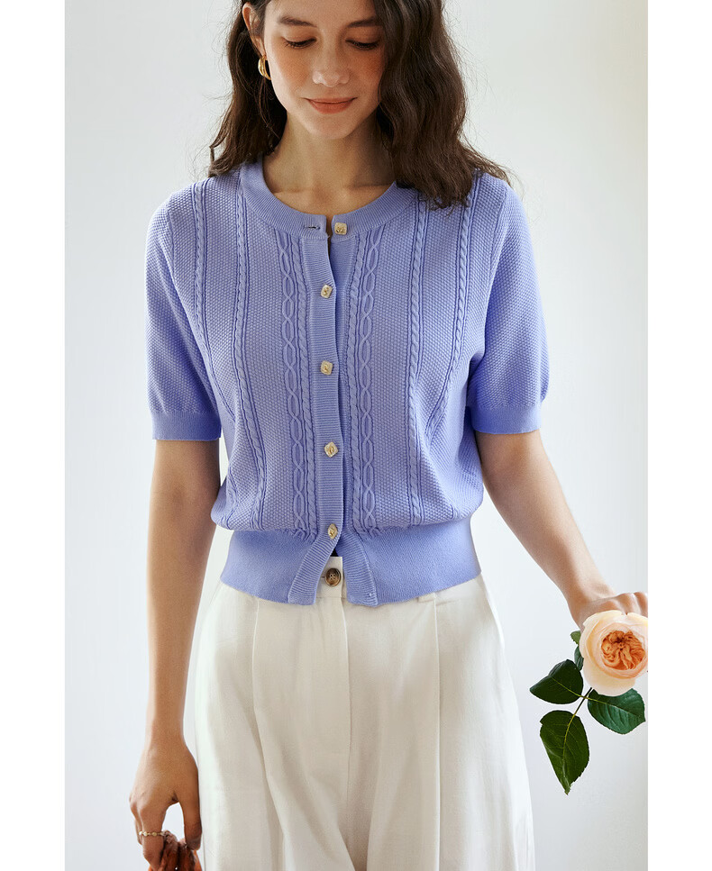 Olrain French Style Round Neck Cable Knit Cardigan Women Summer Commuter Casual Short Top Purple L 19