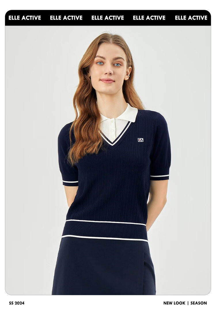 ELLE ACTIVE Women's Fashion Knitwear Casual Summer Striped V-Neck Short Sleeve T-Shirt, False Two-Piece, Blue, Size S 7