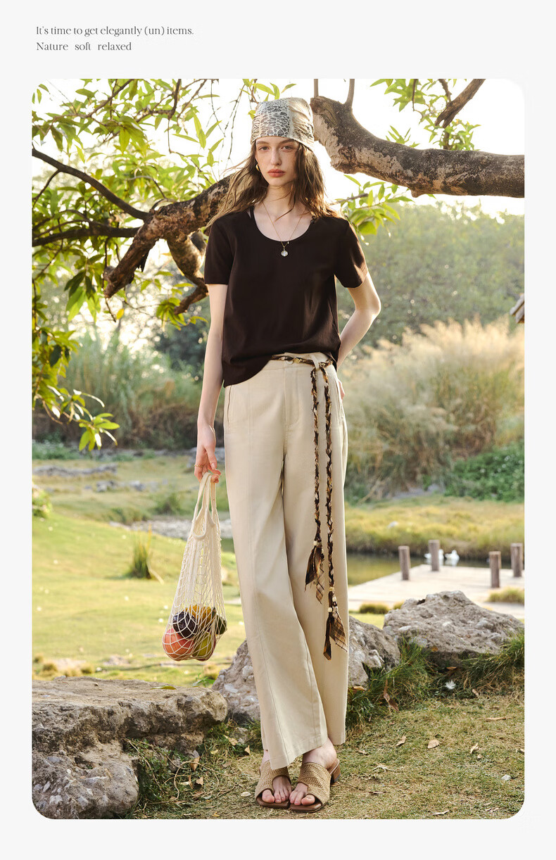 Olrain Oureier Round Neck Beaded Fitted Short Sleeve T-Shirt Women's Summer New Casual Trendy Top Beige L 12