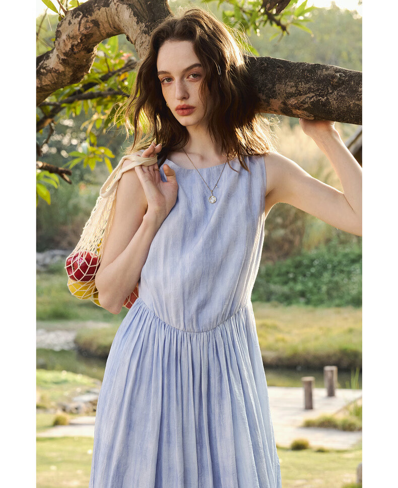 Olrain Oureier Sleeveless Waist-Drawn Gradient Mid-Length Dress for Women Summer Elegant Light Yellow M 19
