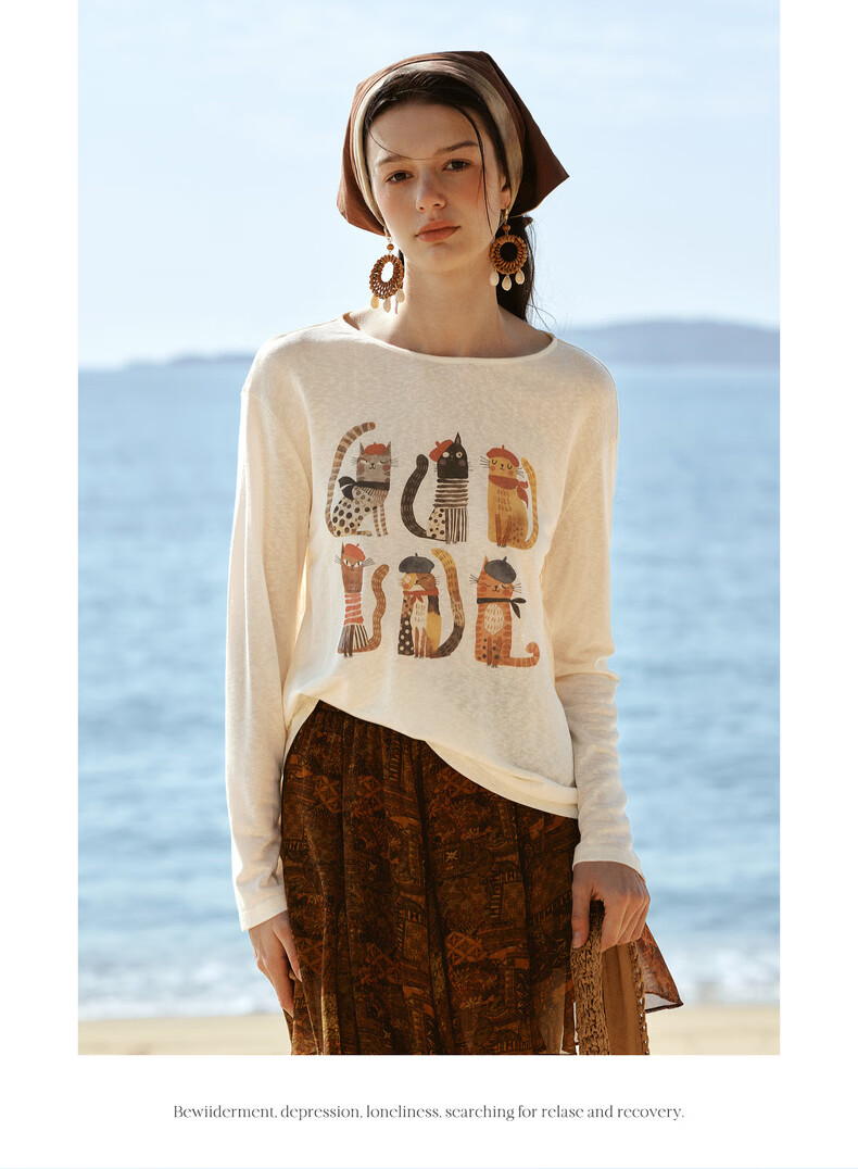 Olrain Tencel Casual Cat Print Long Sleeve T-Shirt Women Summer Large Round Neck Drop Shoulder Top Apricot L 19