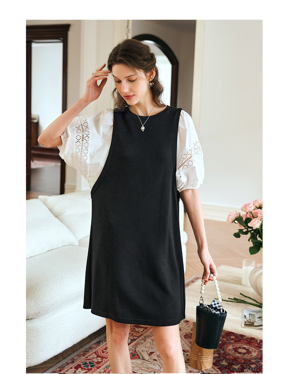 Olrain French Elegant Lace Splice Black Dress Women Vintage High-End Black and White L 10