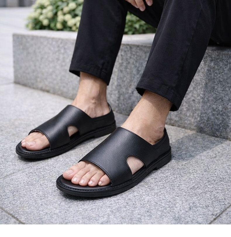 FOOTOPPO Men's Summer Leather Sandals Open Toe Hollow Breathable Non-slip Odor-resistant Soft Sole Outdoor Beach Shoes Black 10