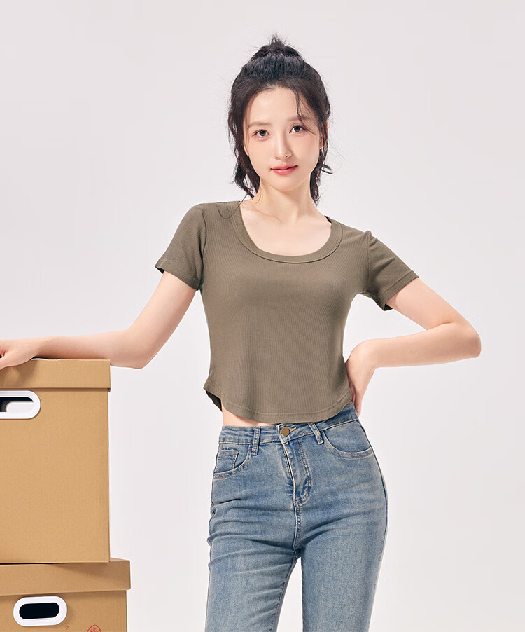 Hodo 10A Antibacterial Modal Short Sleeve T-Shirt for Women, Round Neck, Versatile Waist-Slimming Short Fit Base Tee 14