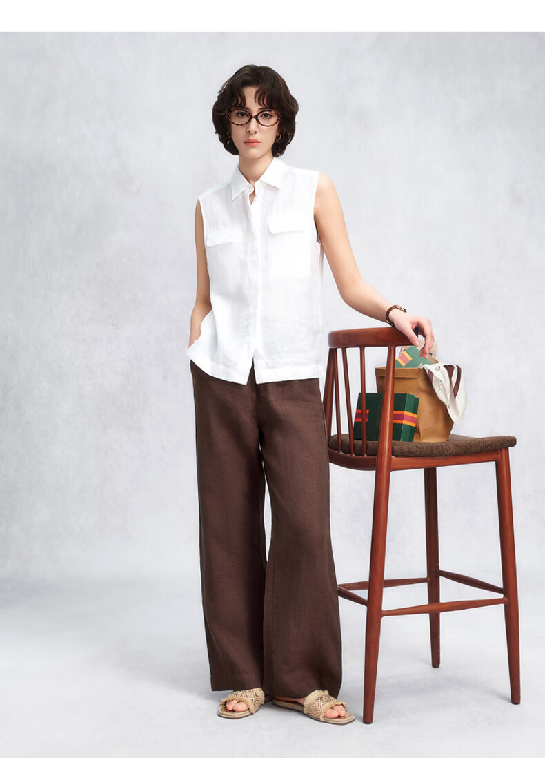 GANT Women's Spring Summer Pure Linen Casual Pants Vintage Old Coin Wide Leg Trousers 115-White M 5