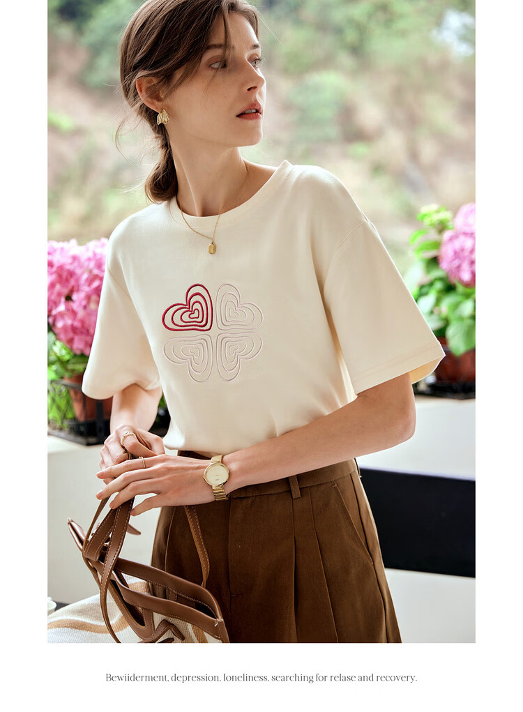 Olrain French Style Short Sleeve T-Shirt Women Summer Heart Embroidery Simple Round Neck Loose Top Apricot L 19