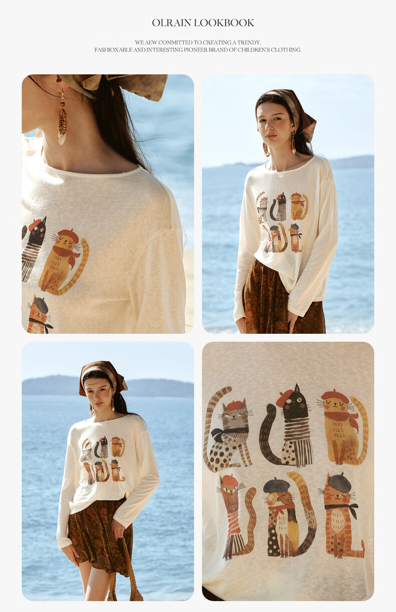 Olrain Tencel Casual Cat Print Long Sleeve T-Shirt Women Summer Large Round Neck Drop Shoulder Top Apricot L 12