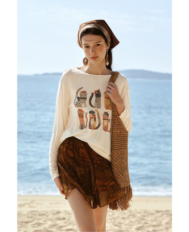 Olrain Tencel Casual Cat Print Long Sleeve T-Shirt Women Summer Large Round Neck Drop Shoulder Top Apricot L 18