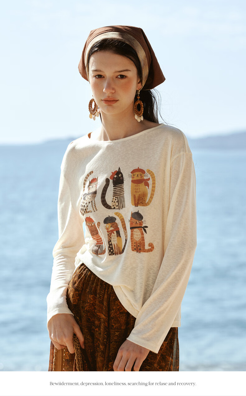 Olrain Tencel Casual Cat Print Long Sleeve T-Shirt Women Summer Large Round Neck Drop Shoulder Top Apricot L 14