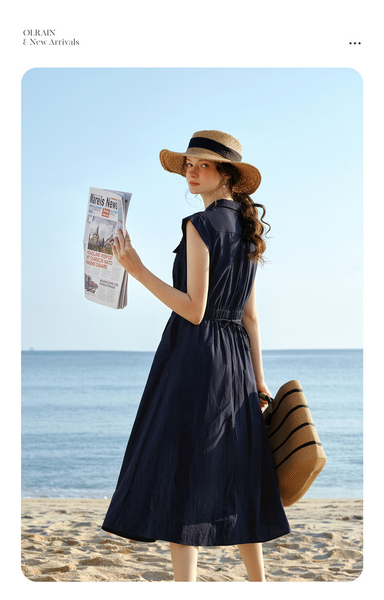 Olrain Eurier High Intelligence Style New Summer Polka Dot Scarf Design Lapel Slim Waist Dress Navy Blue M 8