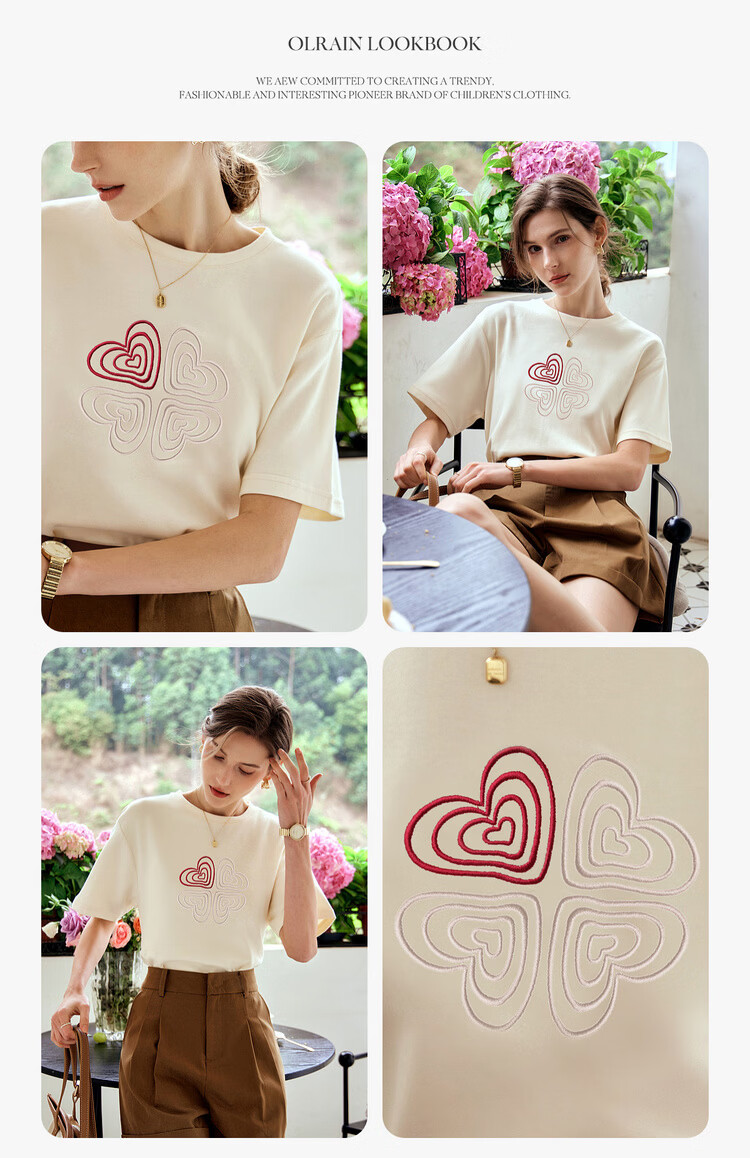 Olrain French Style Short Sleeve T-Shirt Women Summer Heart Embroidery Simple Round Neck Loose Top Apricot L 11