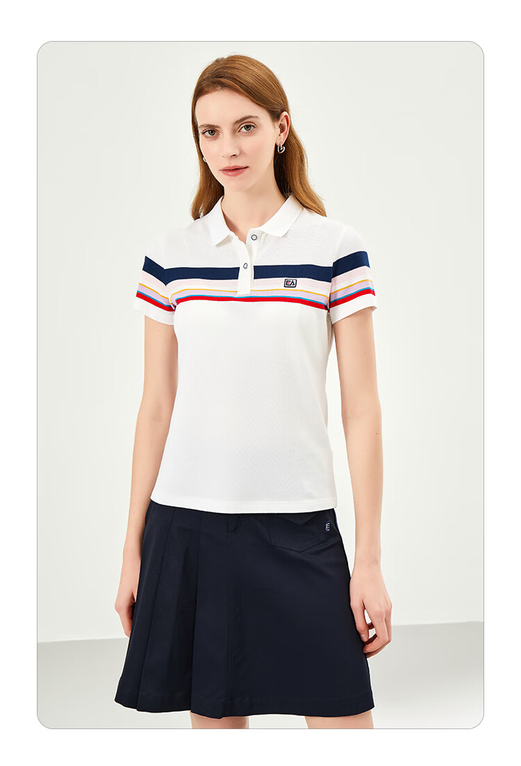 ELLE ACTIVE Fashion Color-Block Striped Polo Shirt Women Short Sleeve Casual Sports T-Shirt Summer Vibrant Collared Top White L 12