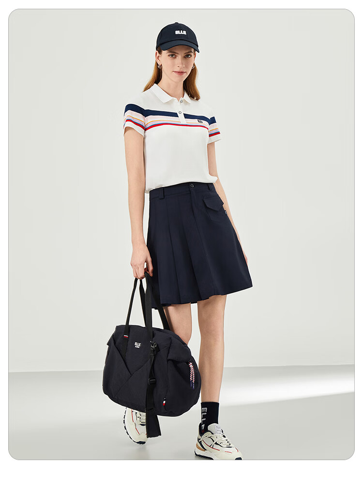 ELLE ACTIVE Fashion Color-Block Striped Polo Shirt Women Short Sleeve Casual Sports T-Shirt Summer Vibrant Collared Top White L 10