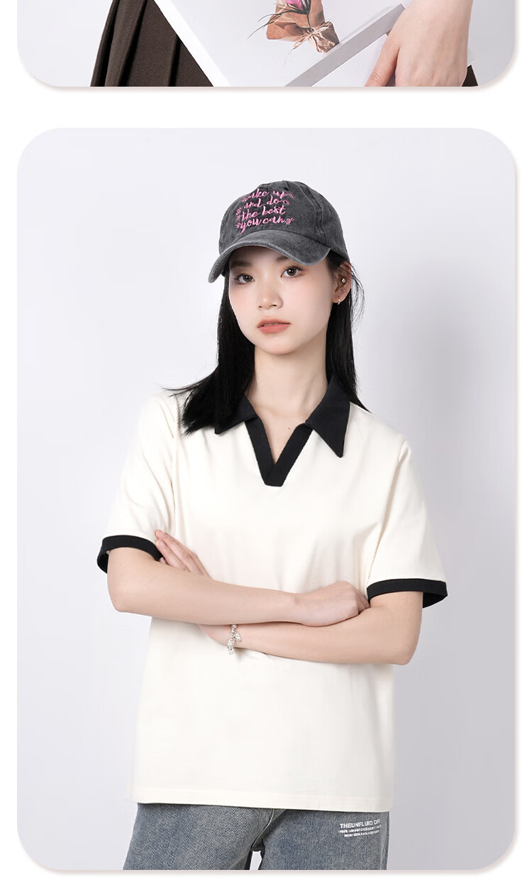 Warrior Summer Contrast Color Cotton Short Sleeve T-Shirt Women 2026 New Loose Fit High-Quality Polo Collar Top 13