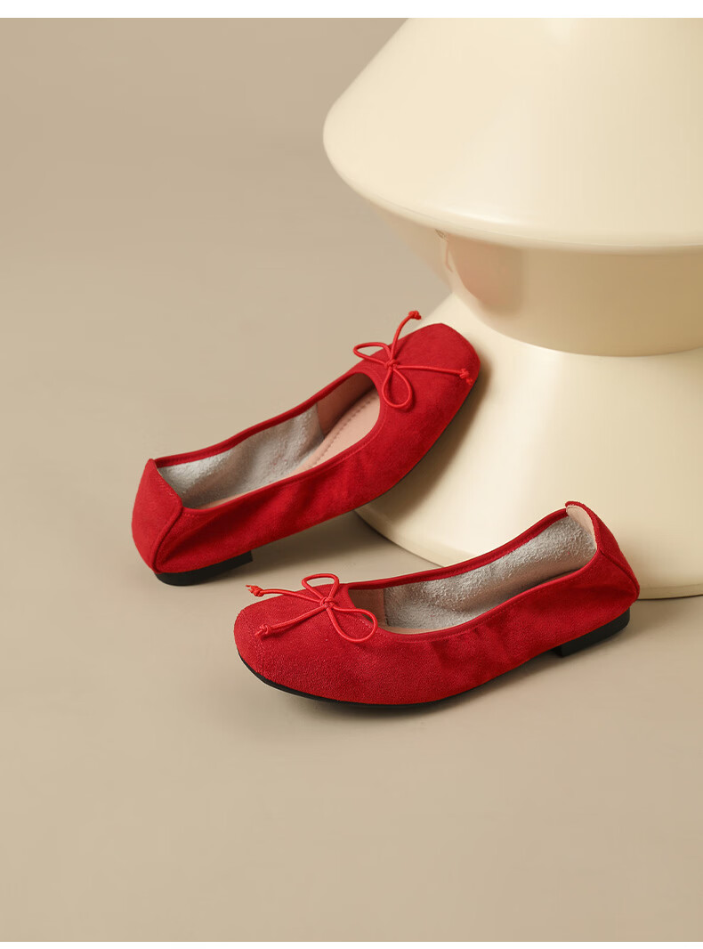 Quicheshoes Women's Ballet Flats Pig Nose Suede Low-Cut Flat Shoes Spring Autumn Soft Sole Slip-On Red Size 35 21