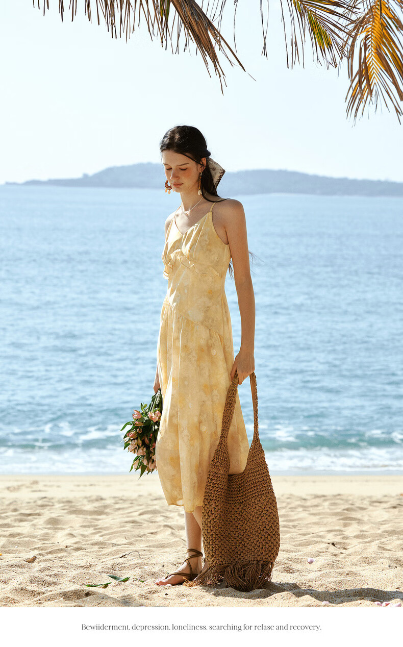 Olrain New Summer Yellow French Vacation Style Ruffle Tie-Dye Print Spaghetti Strap Dress Yellow XL 14