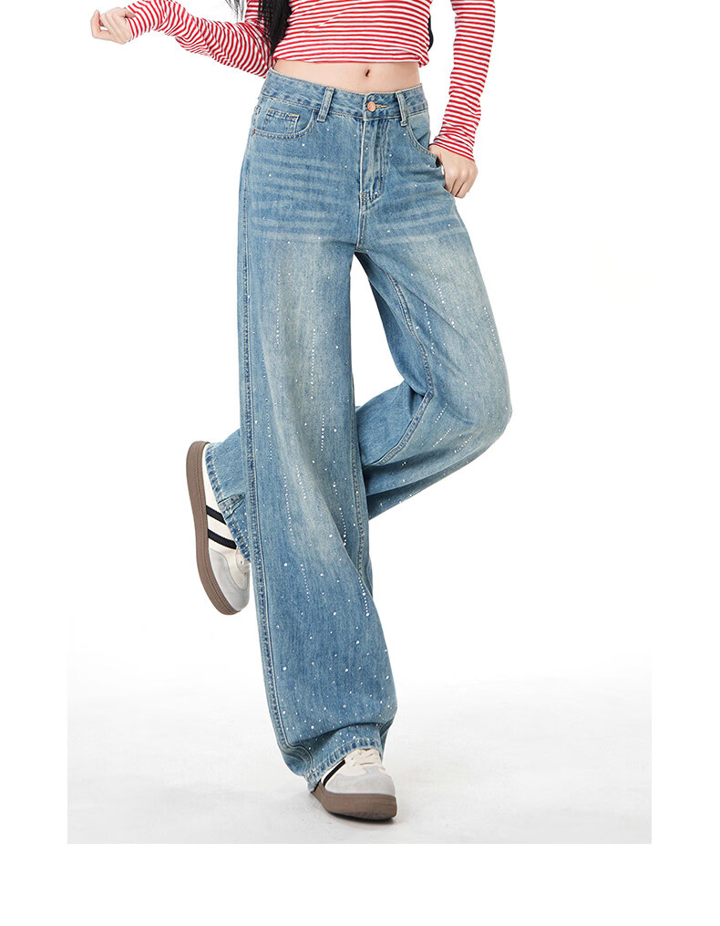 :CHOCOOLATE Women's Vintage American Style Rhinestone Washed Straight Leg Wide Leg Jeans Summer New Retro Blue XS 7