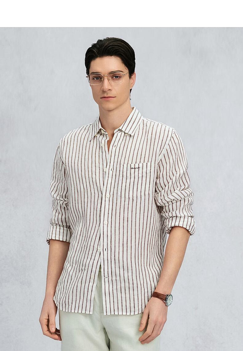 GANT Yuanye Shirt Spring Summer Men's Pure Linen Striped Comfortable Long Sleeve Shirt 276-Coffee Color M 6