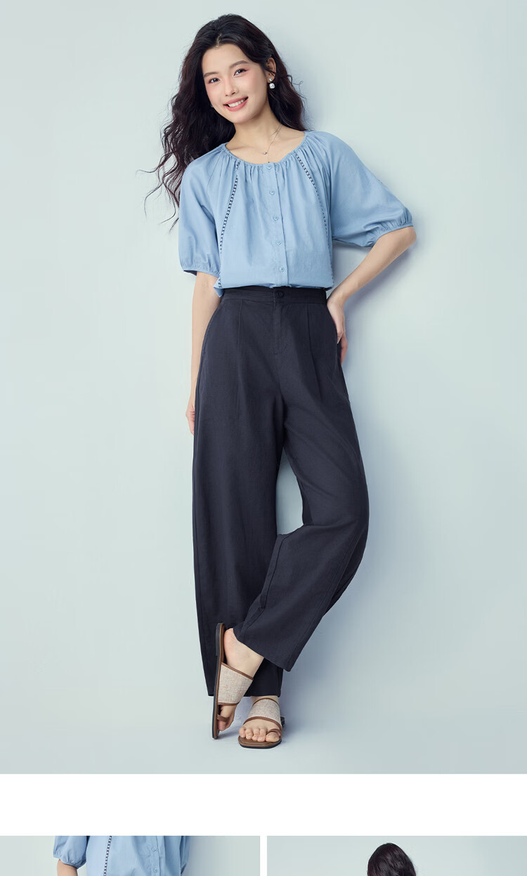 Giordano Women's Linen Pants 2026 Spring Cotton Linen Pleated Semi-Elastic Waist Casual Curved Pants 13416309 13