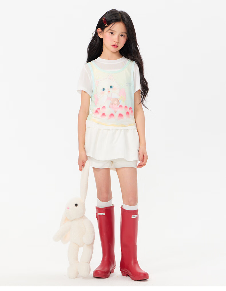 BARRY BANNY Girls' Short Sleeve T-Shirt Summer New Kids Round Neck Breathable Student Top 3037 Milk White Size 130 30
