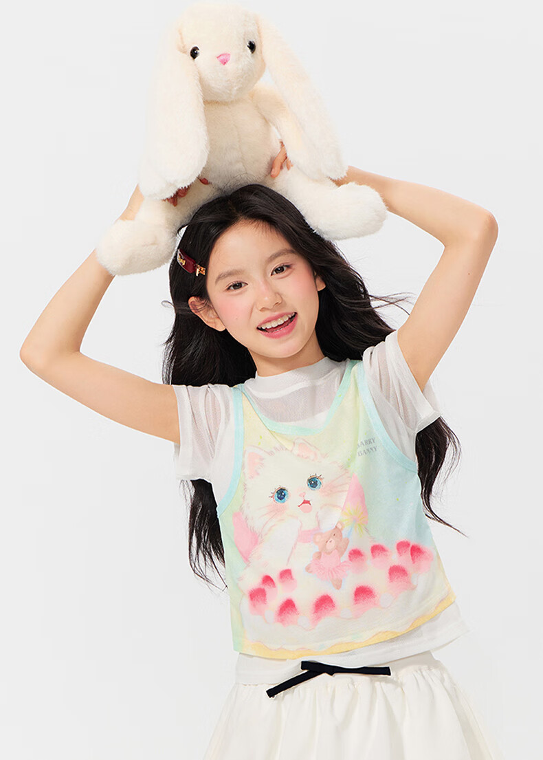 BARRY BANNY Girls' Short Sleeve T-Shirt Summer New Kids Round Neck Breathable Student Top 3037 Milk White Size 130 10