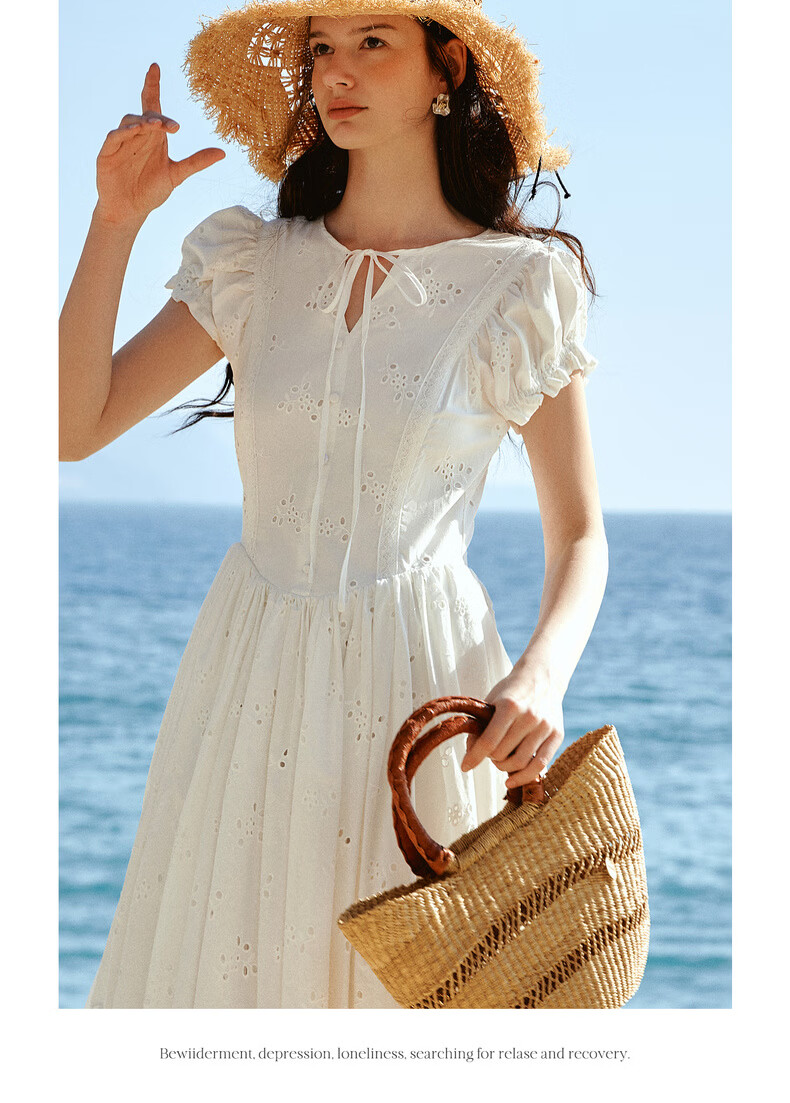 Olrain Eurielle French Embroidered New Summer White Waist-Tied Round Neck Puff Sleeve Dress White XL 17