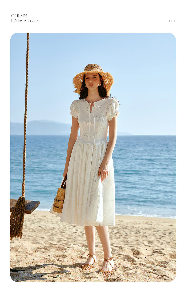 Olrain Eurielle French Embroidered New Summer White Waist-Tied Round Neck Puff Sleeve Dress White XL 8