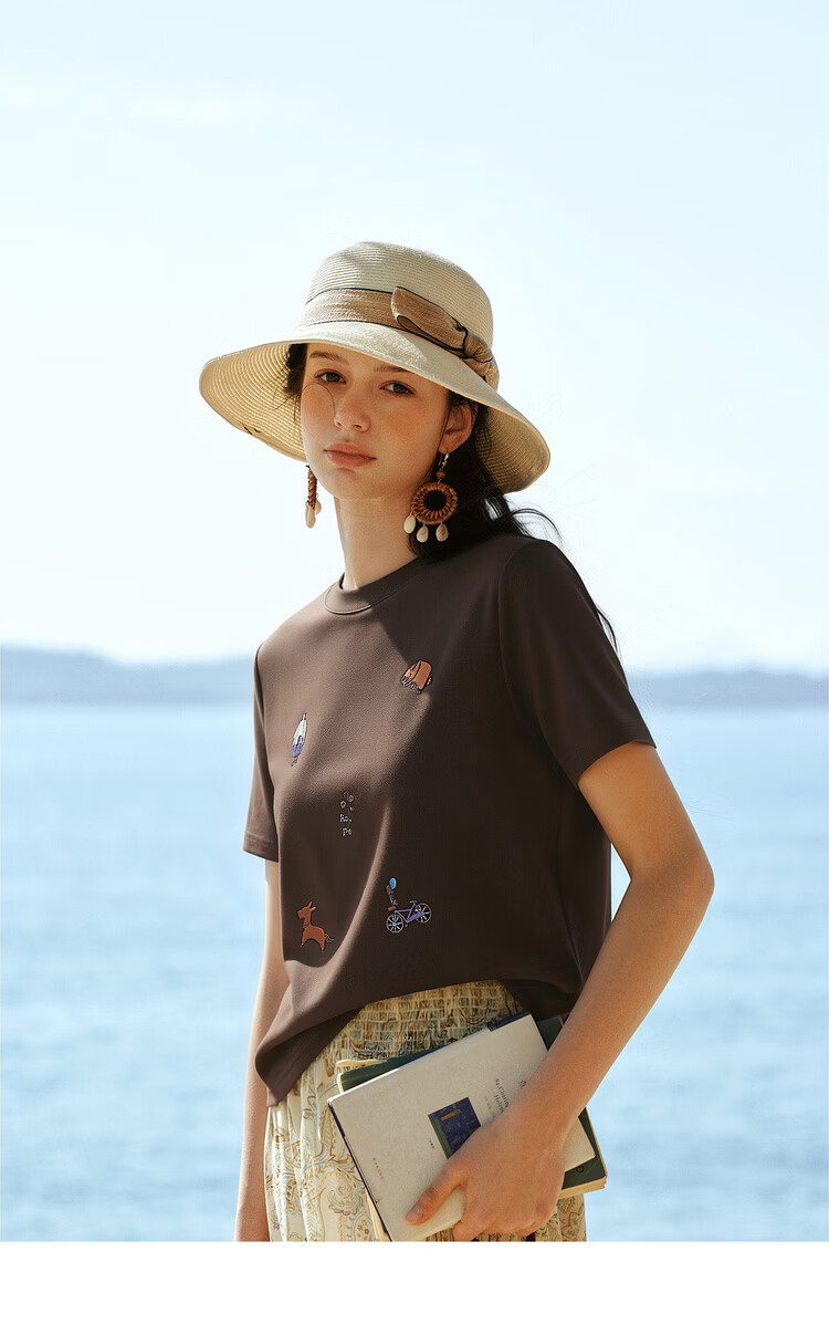 Olrain Classic Embroidered Crew Neck Short Sleeve T-Shirt Women Summer New Commuter Casual Top Brown XL 14