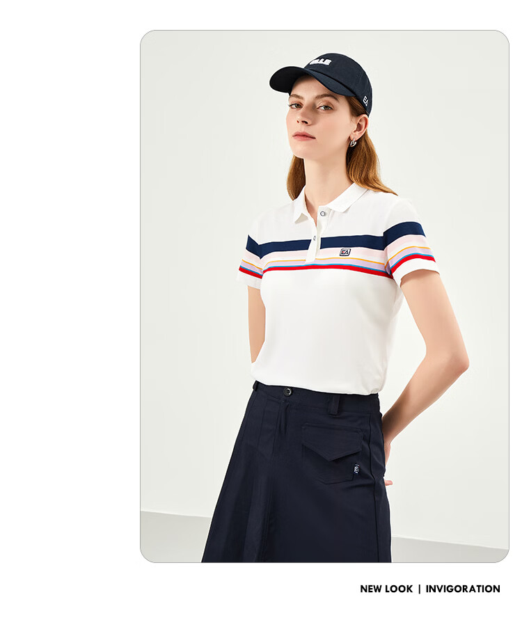 ELLE ACTIVE Fashion Color-Block Striped Polo Shirt Women Short Sleeve Casual Sports T-Shirt Summer Vibrant Collared Top White L 8