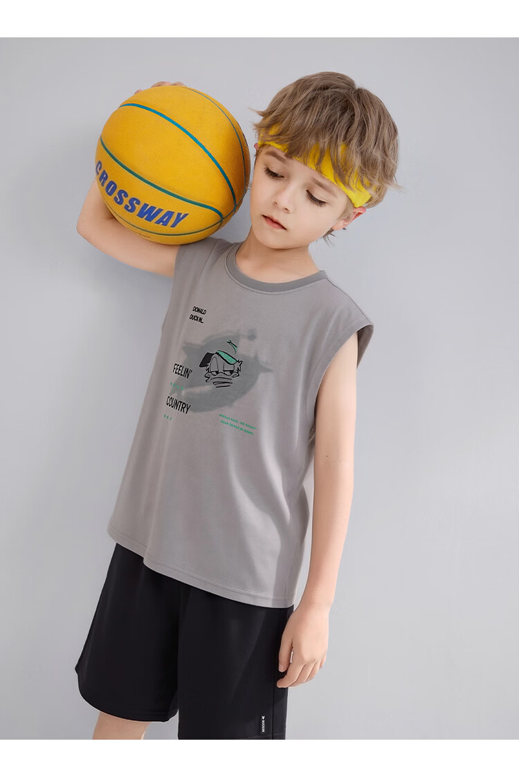 Disney Boys' Basketball Sports Set Summer Lightweight Sleeveless Vest and Shorts Two-Piece Set Medium Gray 140 14