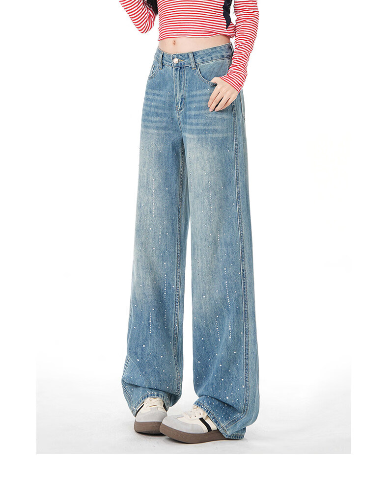 :CHOCOOLATE Women's Vintage American Style Rhinestone Washed Straight Leg Wide Leg Jeans Summer New Retro Blue XS 5