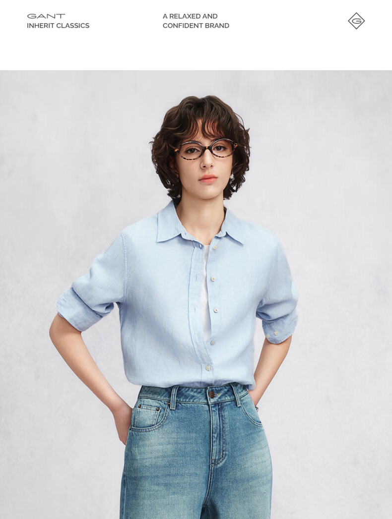 GANT Yuanye Shirt Spring Summer Women's Long Sleeve Vintage Pure Linen Shirt 455-Blue S 6