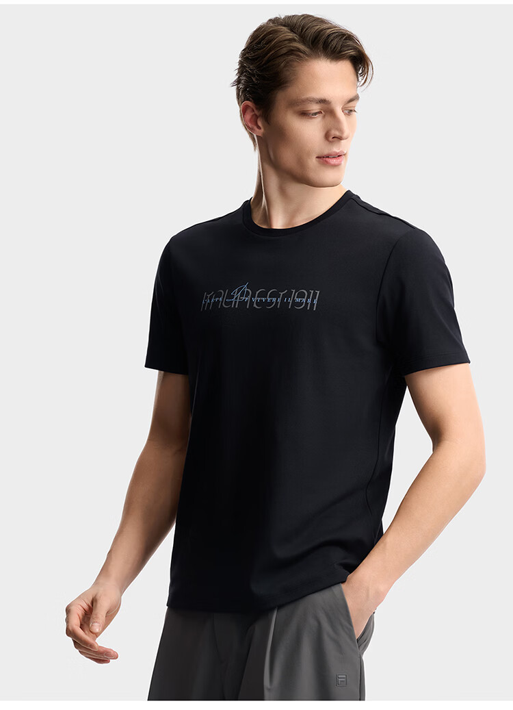 FILA Official Men's Knitted Short Sleeve Shirt 2026 Summer Casual Basic Black Crew Neck T-Shirt 6