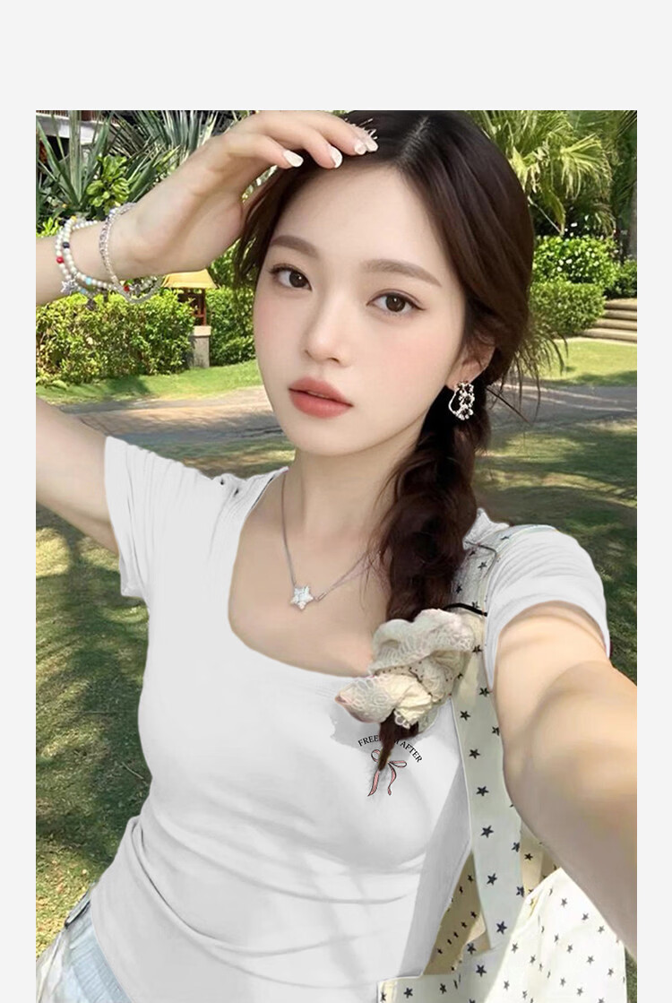 TonLion Tang Lion 2026 Spring Women's Square Neck Slim Fit Short Sleeve T-Shirt White XL 14