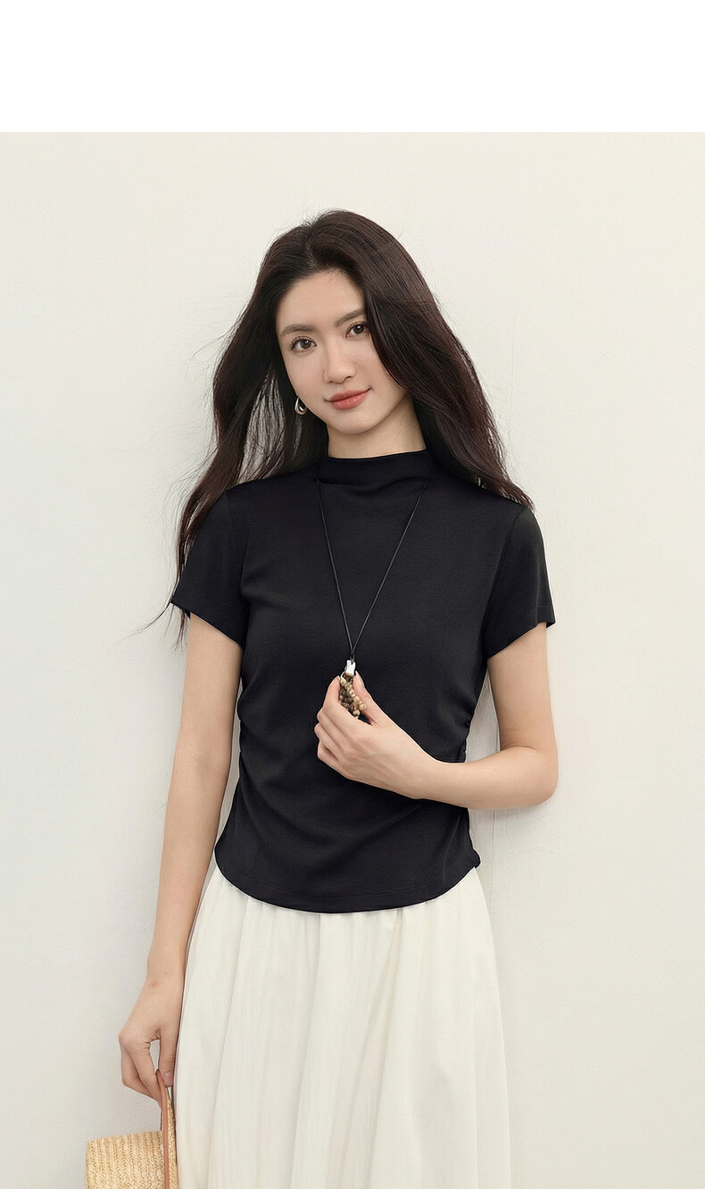 Sllsky Tencel Cotton Slim Fit T-Shirt Women Summer Waist Slimming Half High Neck Short Sleeve Top Midnight Black L 16