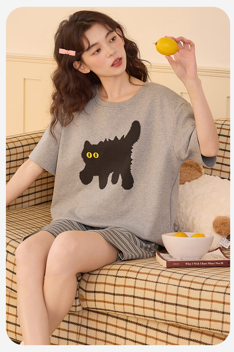 FENTENGCARE Women's Padded Cotton Pajama Set Spring Summer Crew Neck Pullover Short Sleeve Top Shorts and Long Pants Three-Piece Casual Loungewear 13